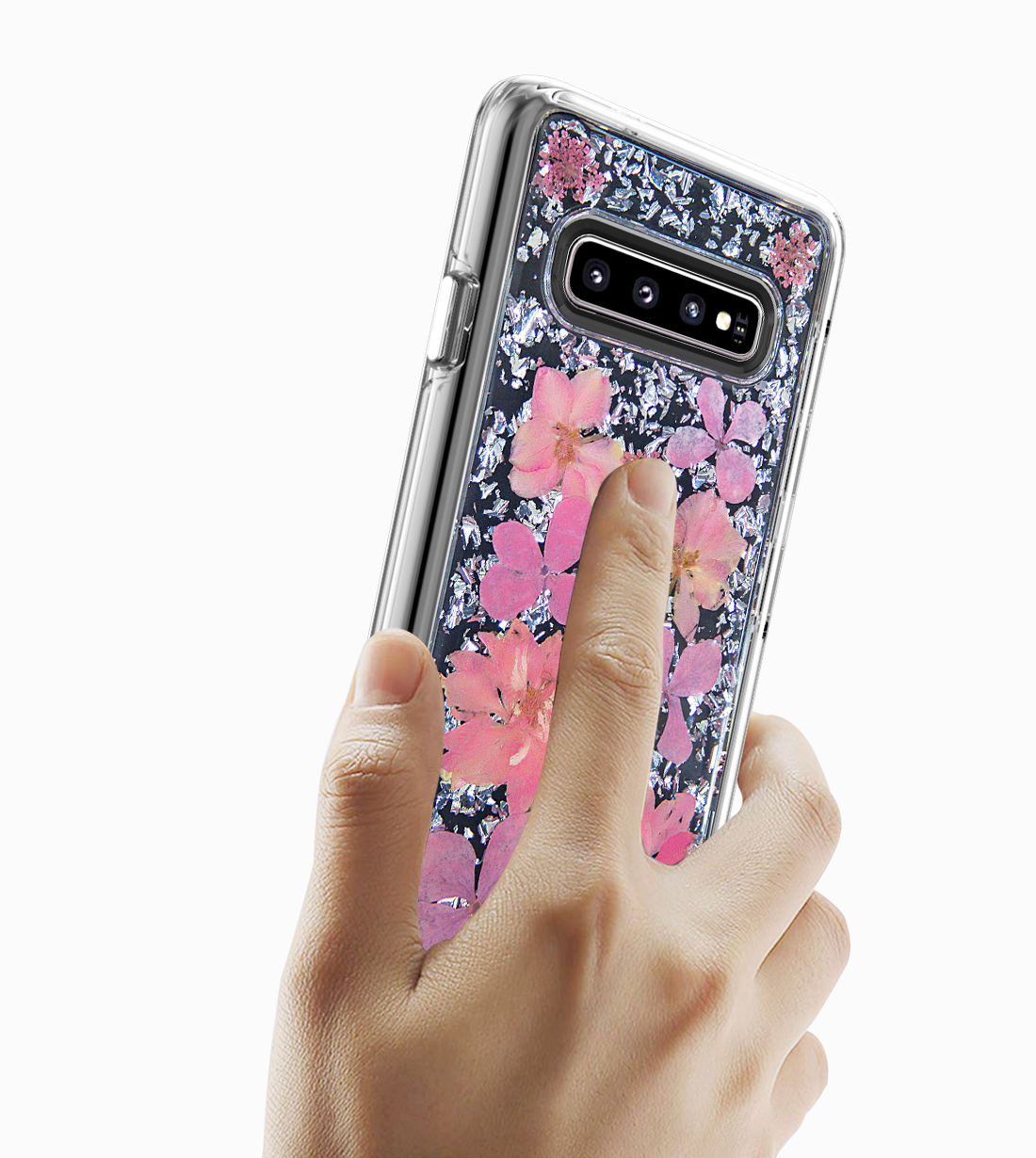 Galaxy S10+ (Plus) Luxury Glitter Dried Natural FLOWER Petal Clear Hybrid Case (Silver Pink)